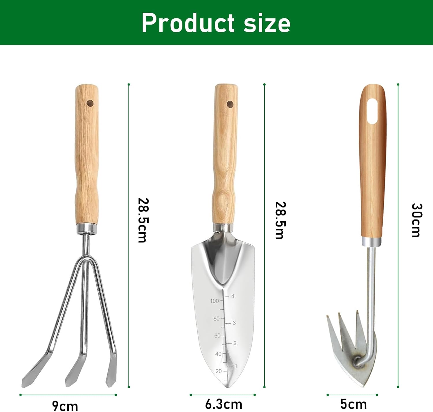 Hhaoysogd Gartenwerkzeug Set, 3 Teiliges Gartenhandwerkzeuge Klein Garden Tool Set mit Edelstahlschaufeln Unkrautstecher Harke für Pflanzen, Unkrautjäten, Rasenflächen und Gartenarbeit