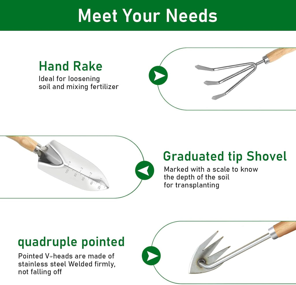 Hhaoysogd Gartenwerkzeug Set, 3 Teiliges Gartenhandwerkzeuge Klein Garden Tool Set mit Edelstahlschaufeln Unkrautstecher Harke für Pflanzen, Unkrautjäten, Rasenflächen und Gartenarbeit