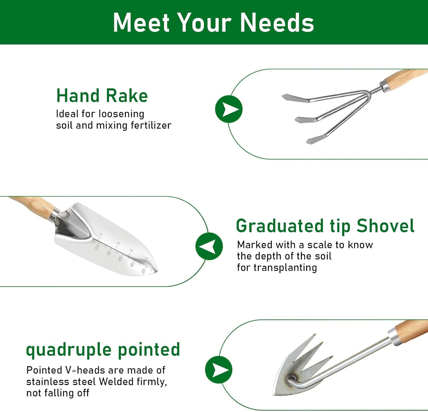 Hhaoysogd Gartenwerkzeug Set, 3 Teiliges Gartenhandwerkzeuge Klein Garden Tool Set mit Edelstahlschaufeln Unkrautstecher Harke für Pflanzen, Unkrautjäten, Rasenflächen und Gartenarbeit