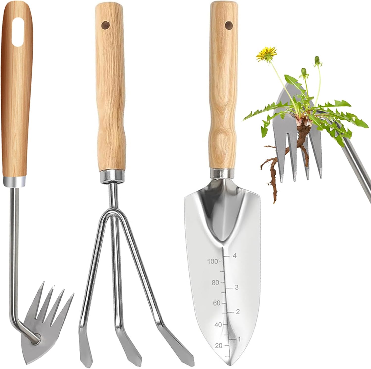 Hhaoysogd Gartenwerkzeug Set, 3 Teiliges Gartenhandwerkzeuge Klein Garden Tool Set mit Edelstahlschaufeln Unkrautstecher Harke für Pflanzen, Unkrautjäten, Rasenflächen und Gartenarbeit