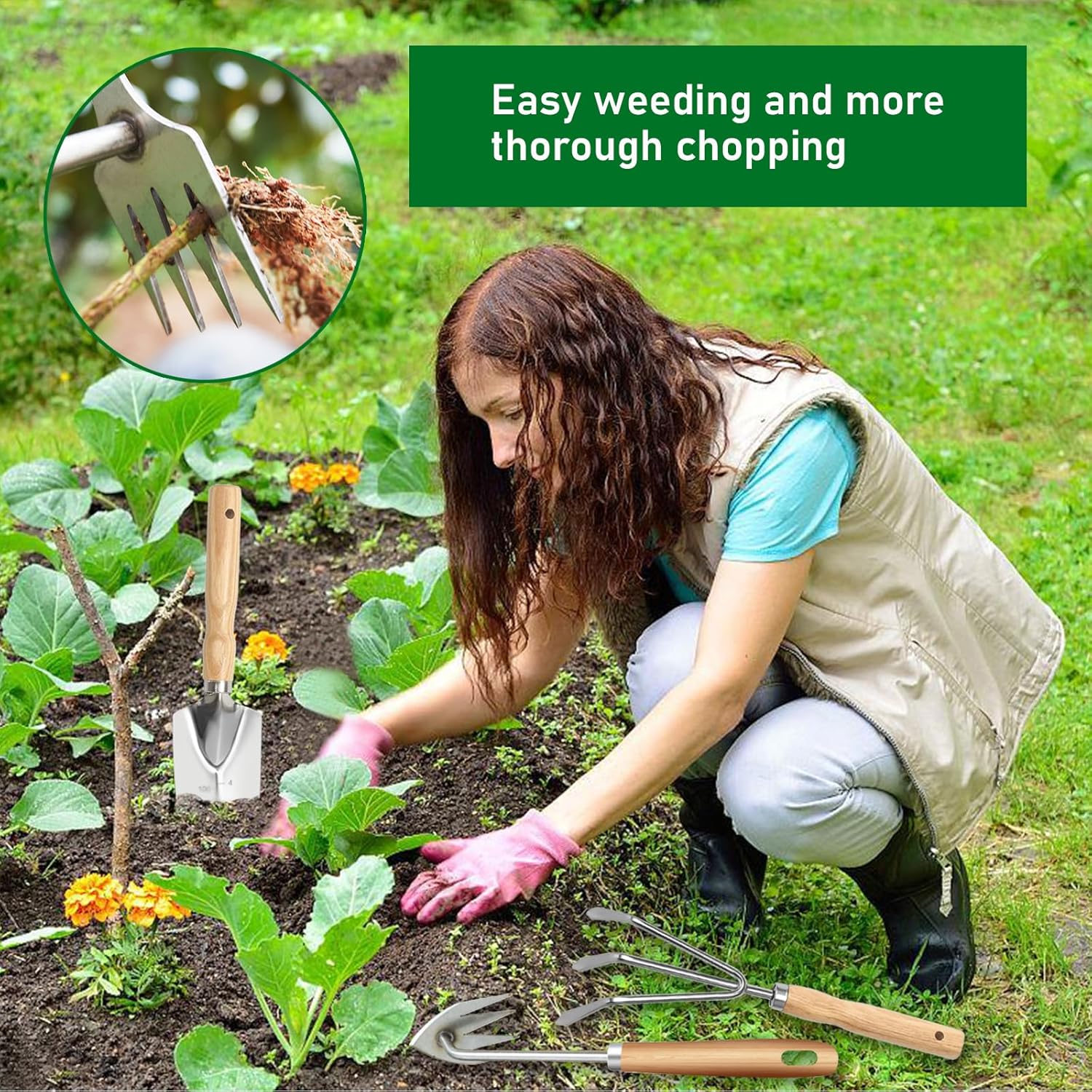 Hhaoysogd Gartenwerkzeug Set, 3 Teiliges Gartenhandwerkzeuge Klein Garden Tool Set mit Edelstahlschaufeln Unkrautstecher Harke für Pflanzen, Unkrautjäten, Rasenflächen und Gartenarbeit