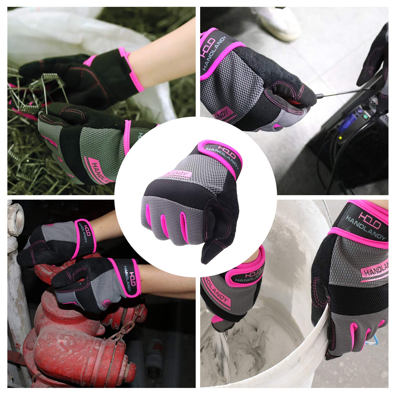 HLDD HANDLANDY Damen Utility Arbeitshandschuhe, ultraleichte Sicherheits-Arbeitshandschuhe, Mechaniker-Gartenarbeit, DIY-Arbeitshandschuhe mit Touchscreen (M, rosa)